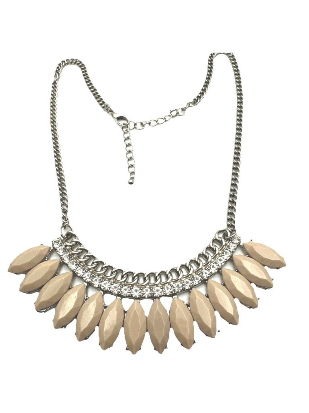 90s Bib Necklace Rhinestones Beige Marquise Beads 20"